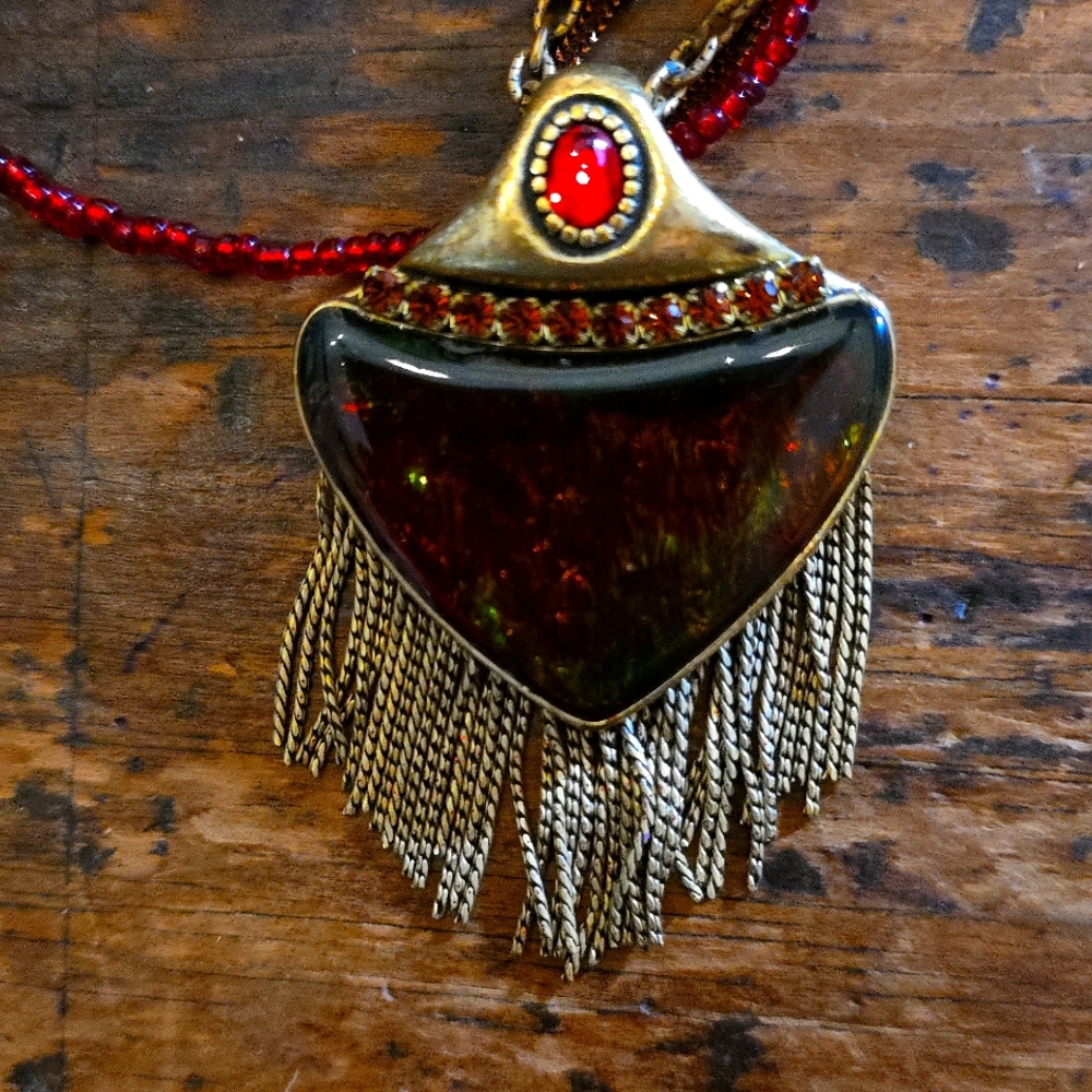 Chico's Fringed Gold and Red Pendant Necklace